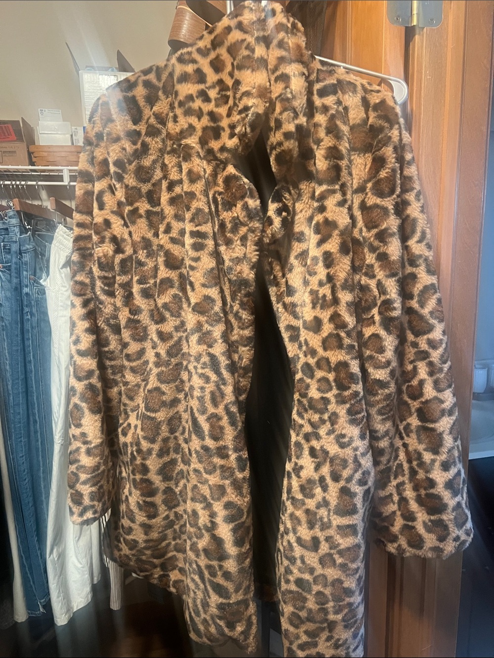 Love Tree Leopard Faux Fur Swing Coat Open Front Size Large